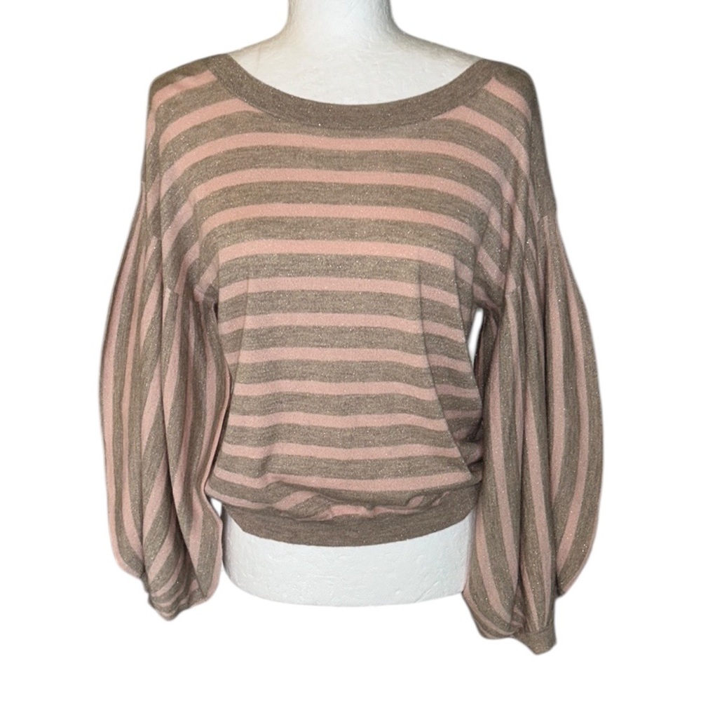 NWT Autumn Cashmere Striped Balloon Sleeve Boatneck Sweater in Gold & Blush - S